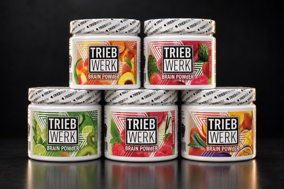 TRIEBWERK BRAIN Powder mit Messlöffel und Shaker auf einem dunklen Arbeitsplatz